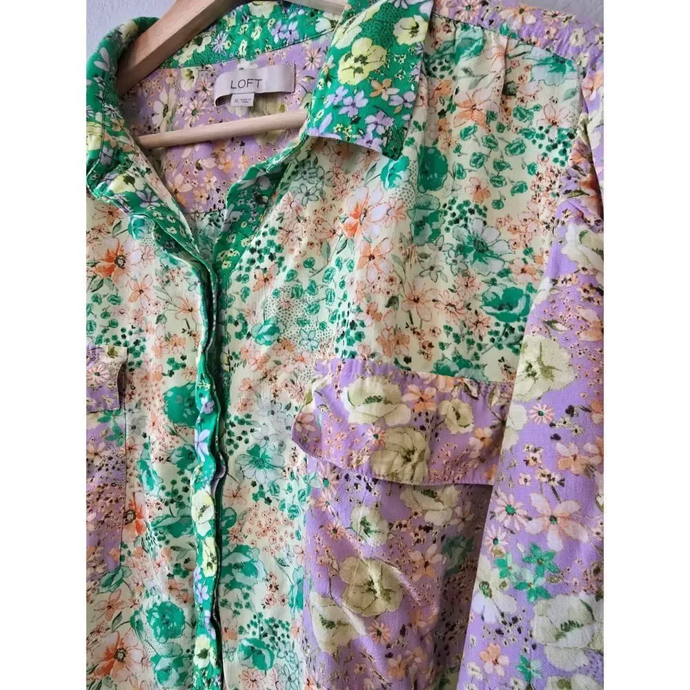 LOFT Floral Patchwork Blouse XL Boho Cottagecore Button Front Top Romantic